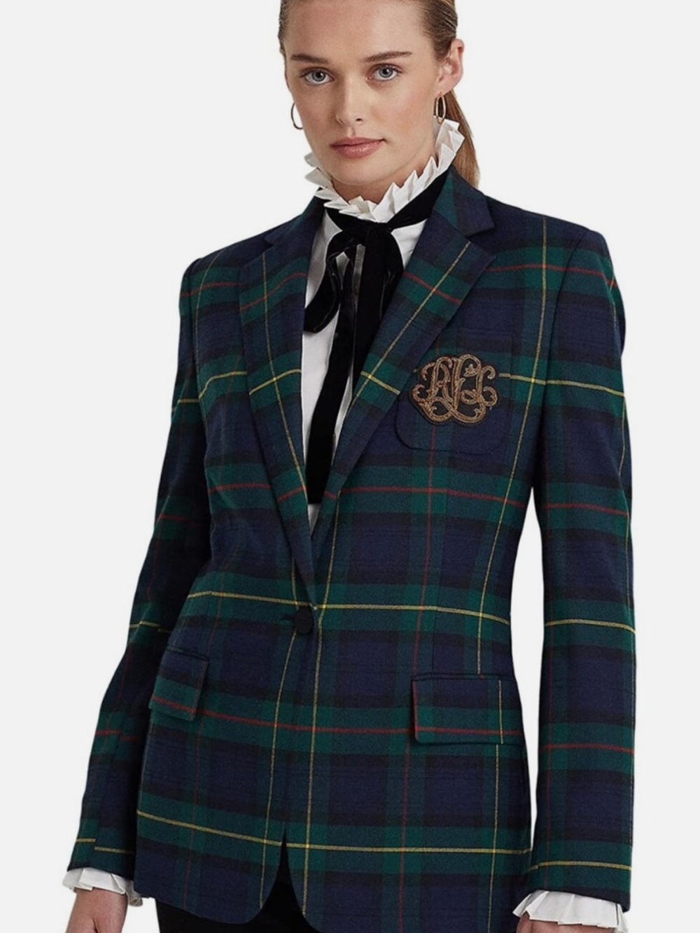 Lauren Ralph Lauren Navy & Green Plaid Tailored Blazer with Crest
